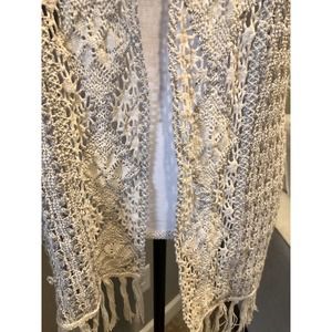 Zozo Women Open Front Cardigan Sweater Fringe Hem Crochet Medium Silver Cream‎